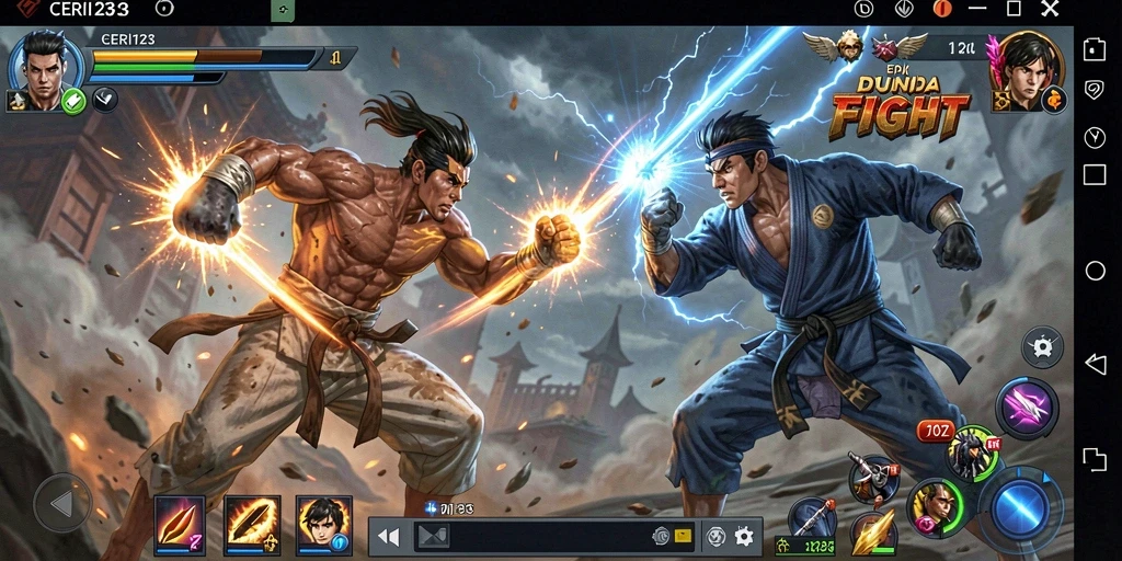 Tampilan screenshot utama CERI123 saat karakter bertarung di arena.