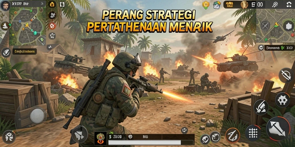Screenshot gameplay KKRP yang menunjukkan pertahanan menara melawan serangan musuh.