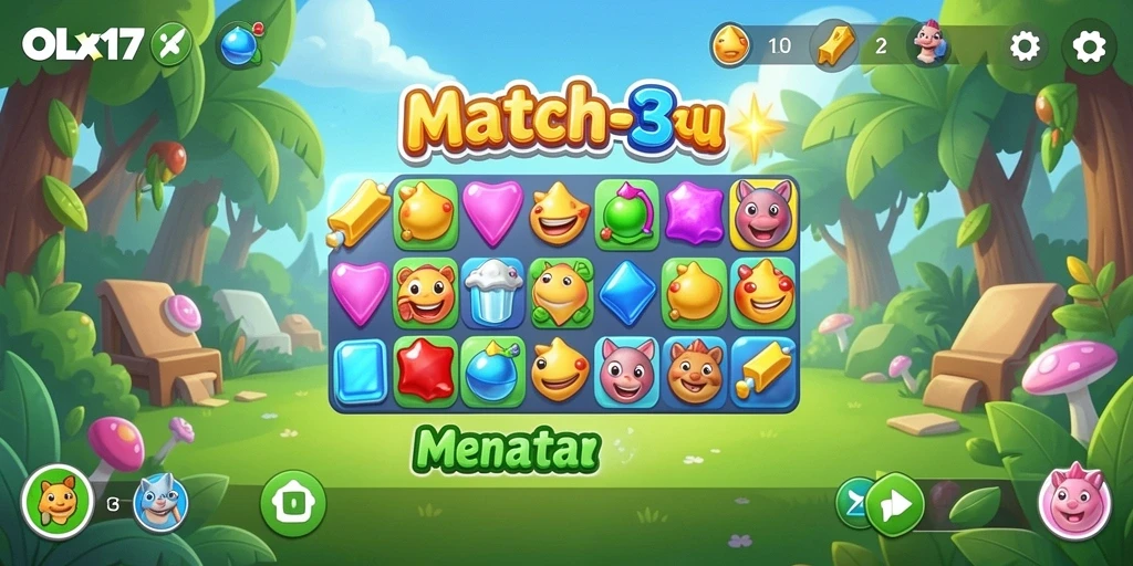 Tangkapan layar gameplay OLX17 menampilkan tantangan Match-3 yang menarik.